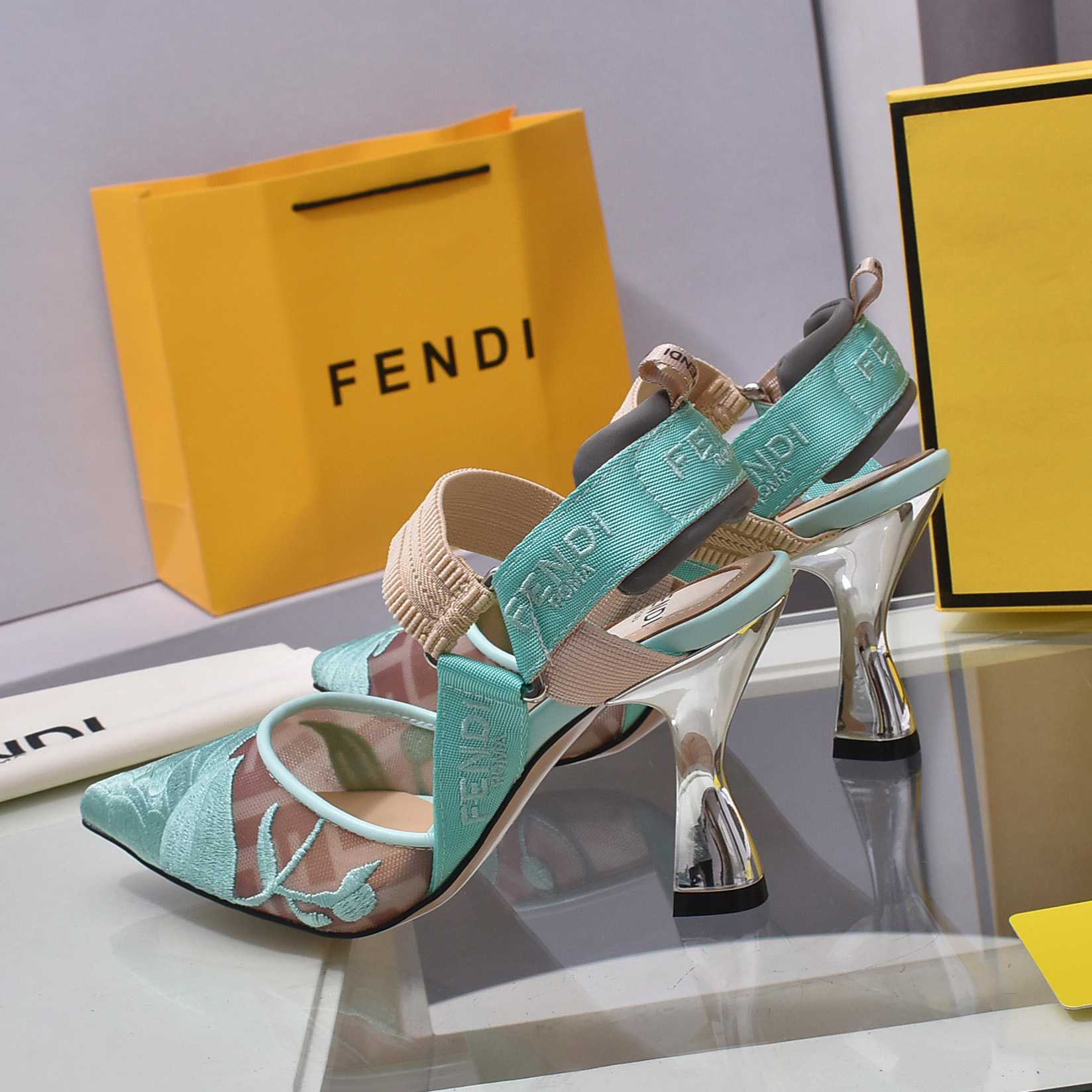 Fendi Colibrì Beige Mesh High-heeled Slingbacks - FashionPlug