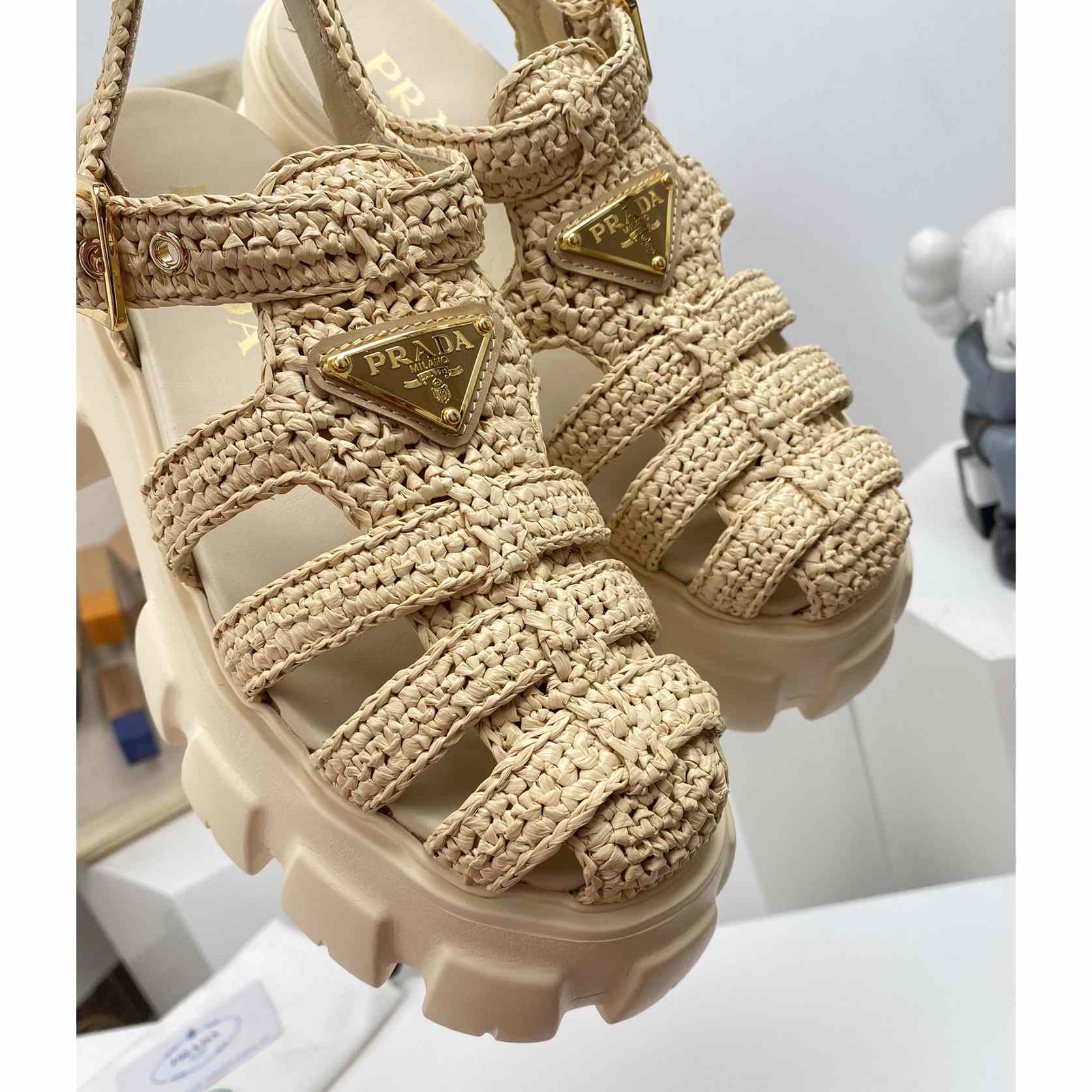 Prada Monolith Crochet Cage Sandals - FashionPlug