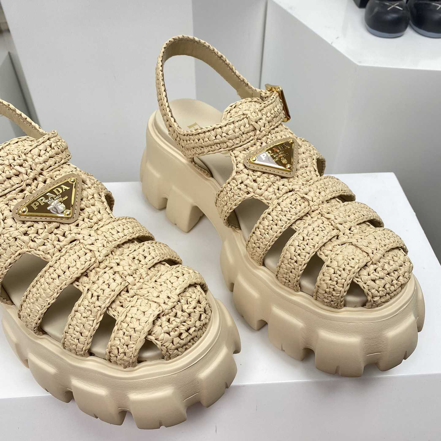 Prada Monolith Crochet Cage Sandals - FashionPlug
