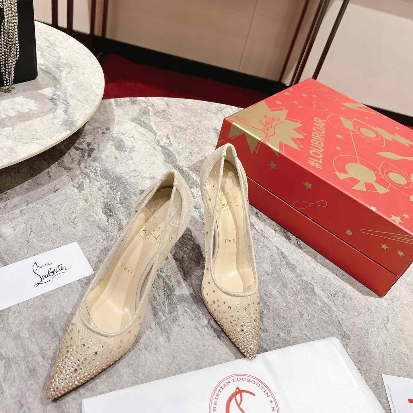 Christian Louboutin Follies Strass 85 mm Pumps - Irridescent Suede Calf, Net And Strass - Light Silk - FashionPlug
