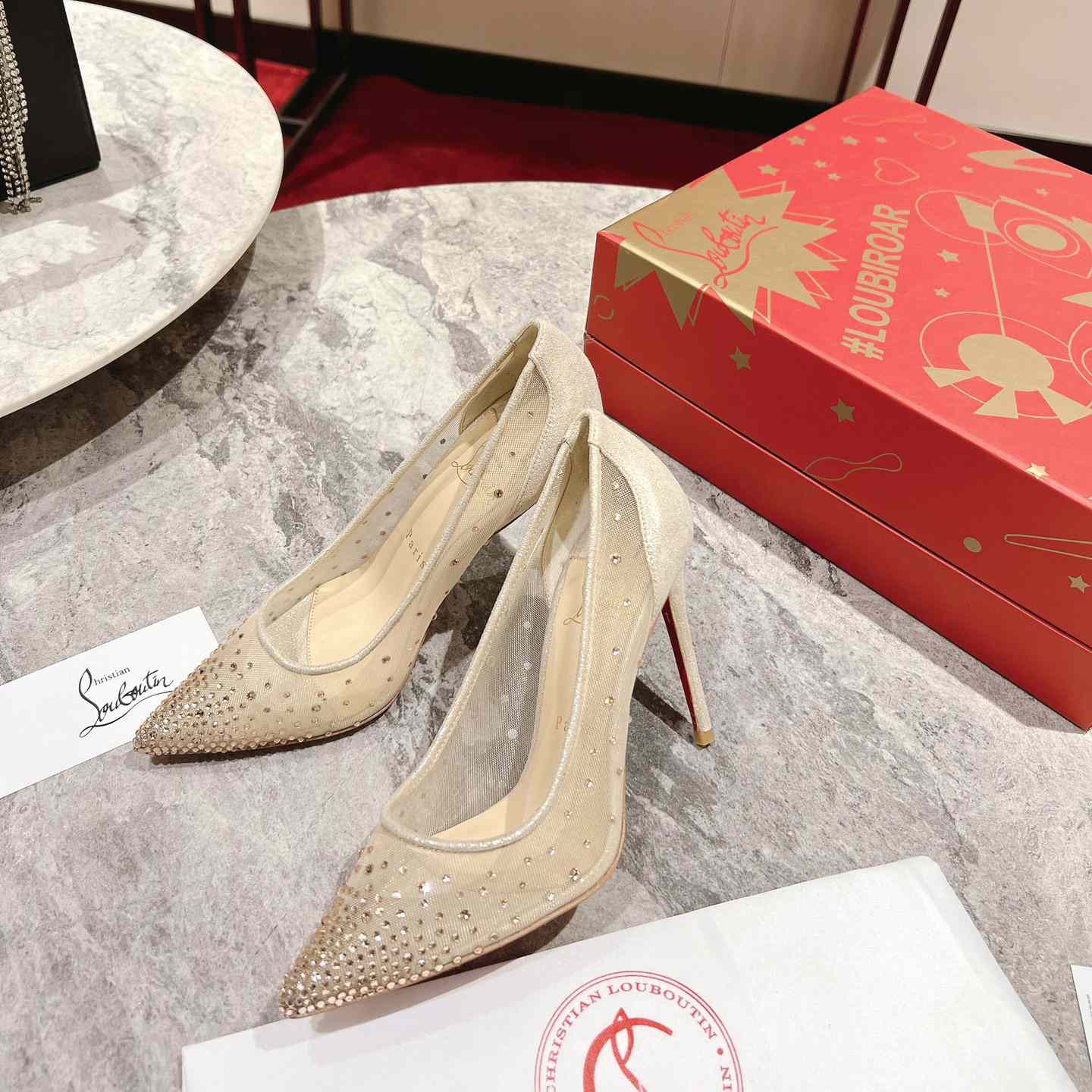 Christian Louboutin Follies Strass 85 mm Pumps - Irridescent Suede Calf, Net And Strass - Light Silk - FashionPlug