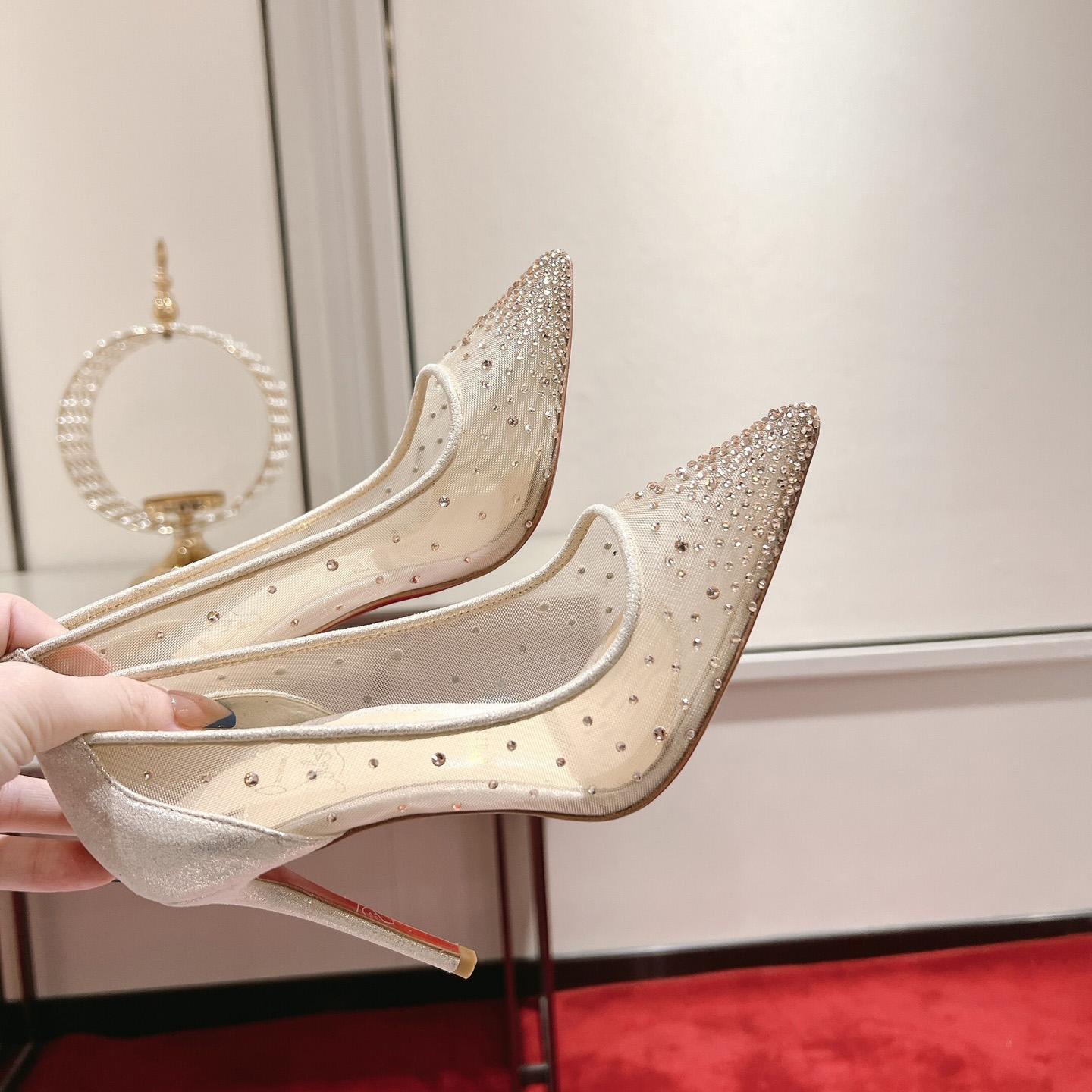 Christian Louboutin Follies Strass 85 mm Pumps - Irridescent Suede Calf, Net And Strass - Light Silk - FashionPlug