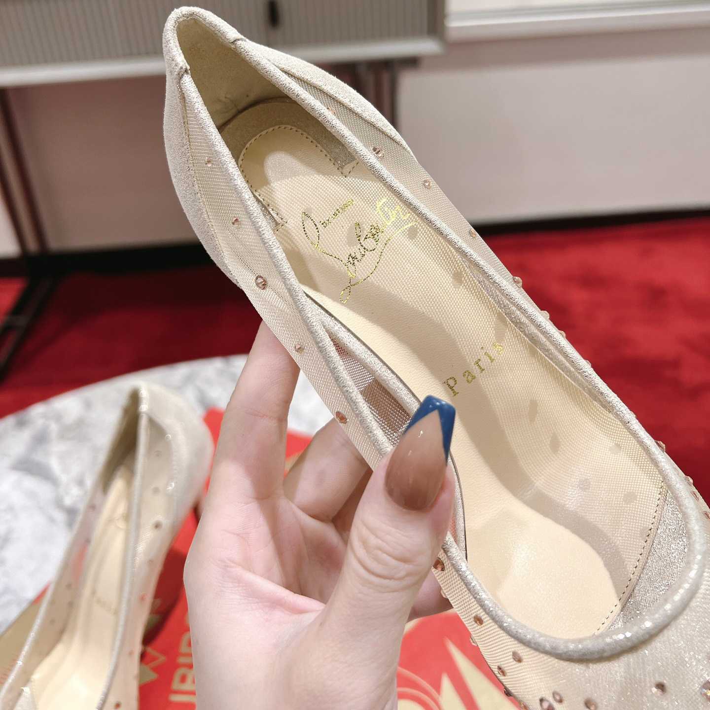 Christian Louboutin Follies Strass 85 mm Pumps - Irridescent Suede Calf, Net And Strass - Light Silk - FashionPlug