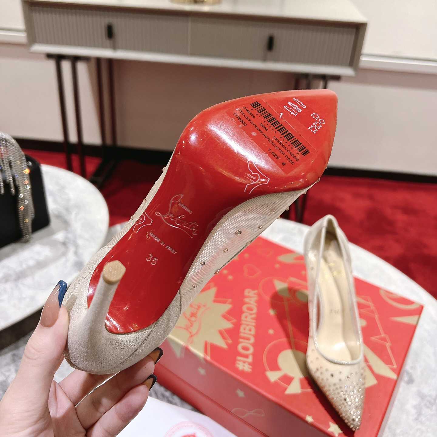 Christian Louboutin Follies Strass 85 mm Pumps - Irridescent Suede Calf, Net And Strass - Light Silk - FashionPlug