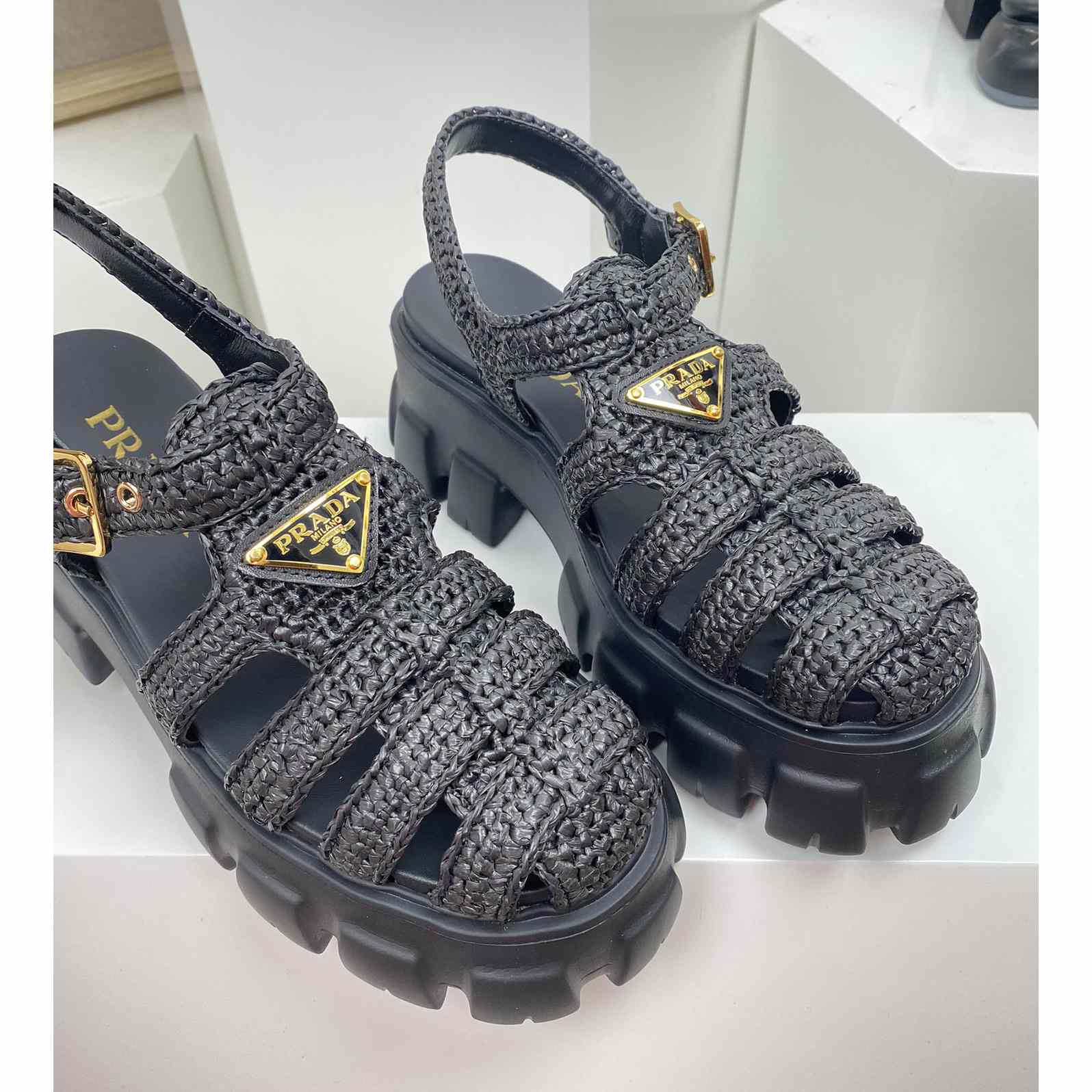 Prada Monolith Crochet Cage Sandals - FashionPlug