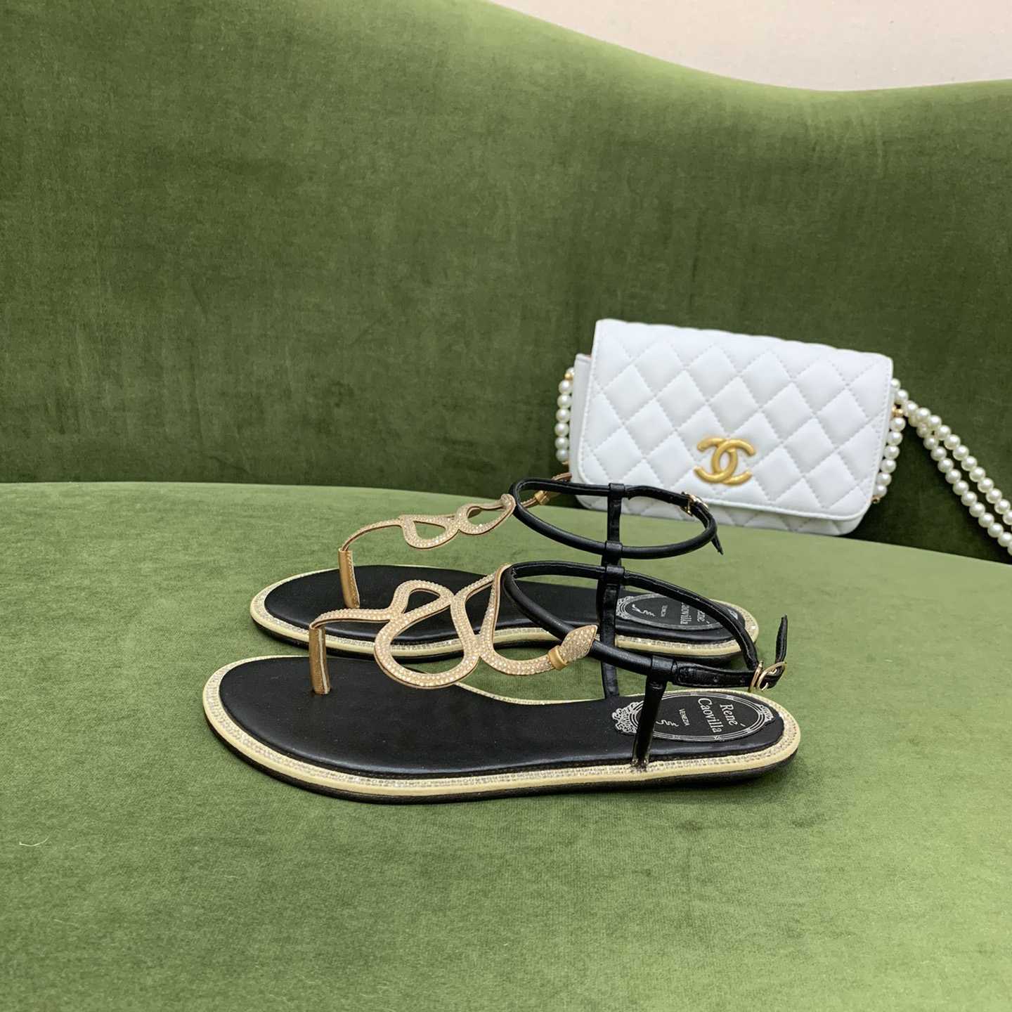 Rene Caovilla Snake Crystal Embellished Flat Sandals - FashionPlug