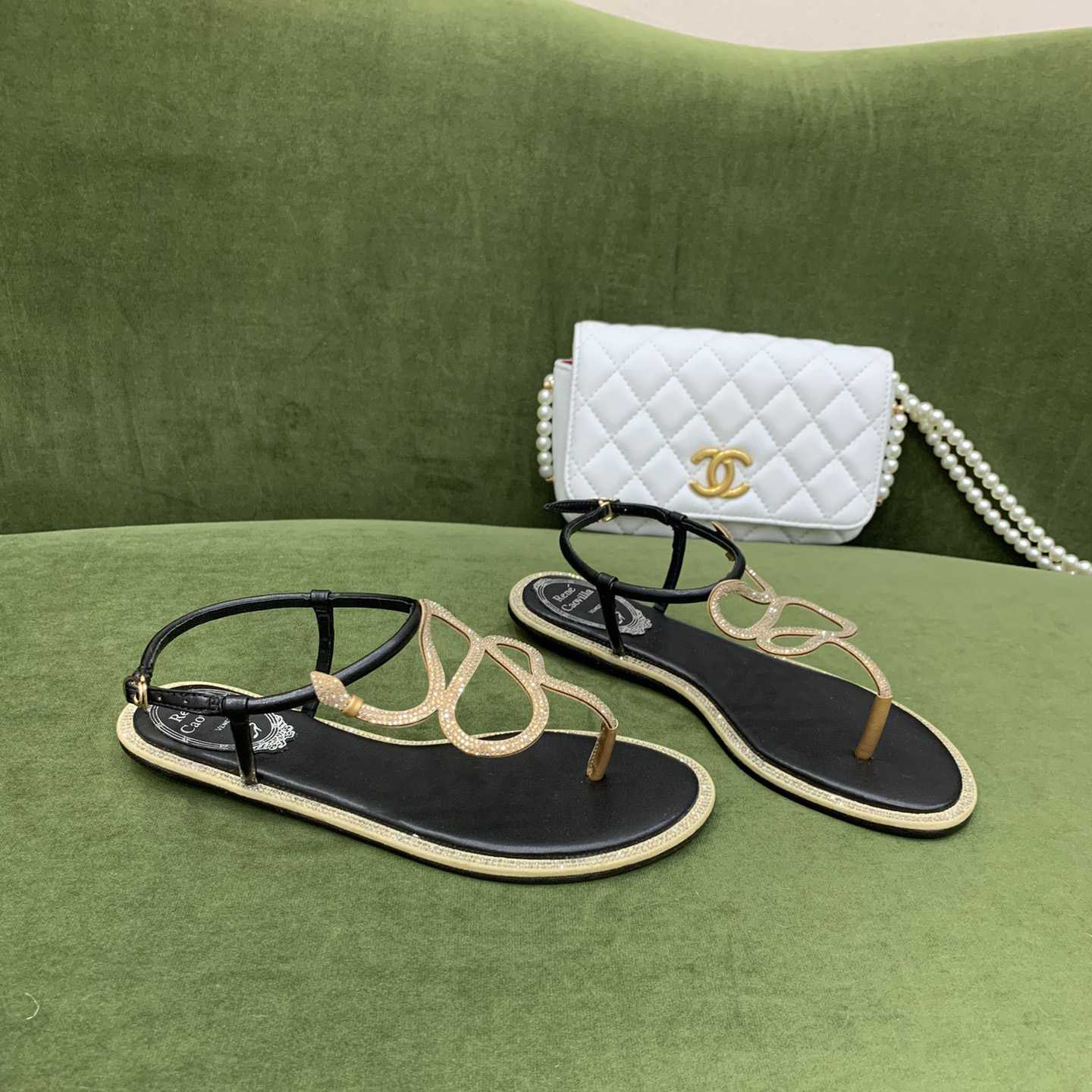 Rene Caovilla Snake Crystal Embellished Flat Sandals - FashionPlug