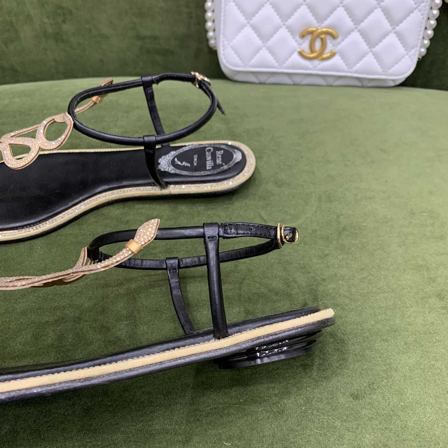 Rene Caovilla Snake Crystal Embellished Flat Sandals - FashionPlug