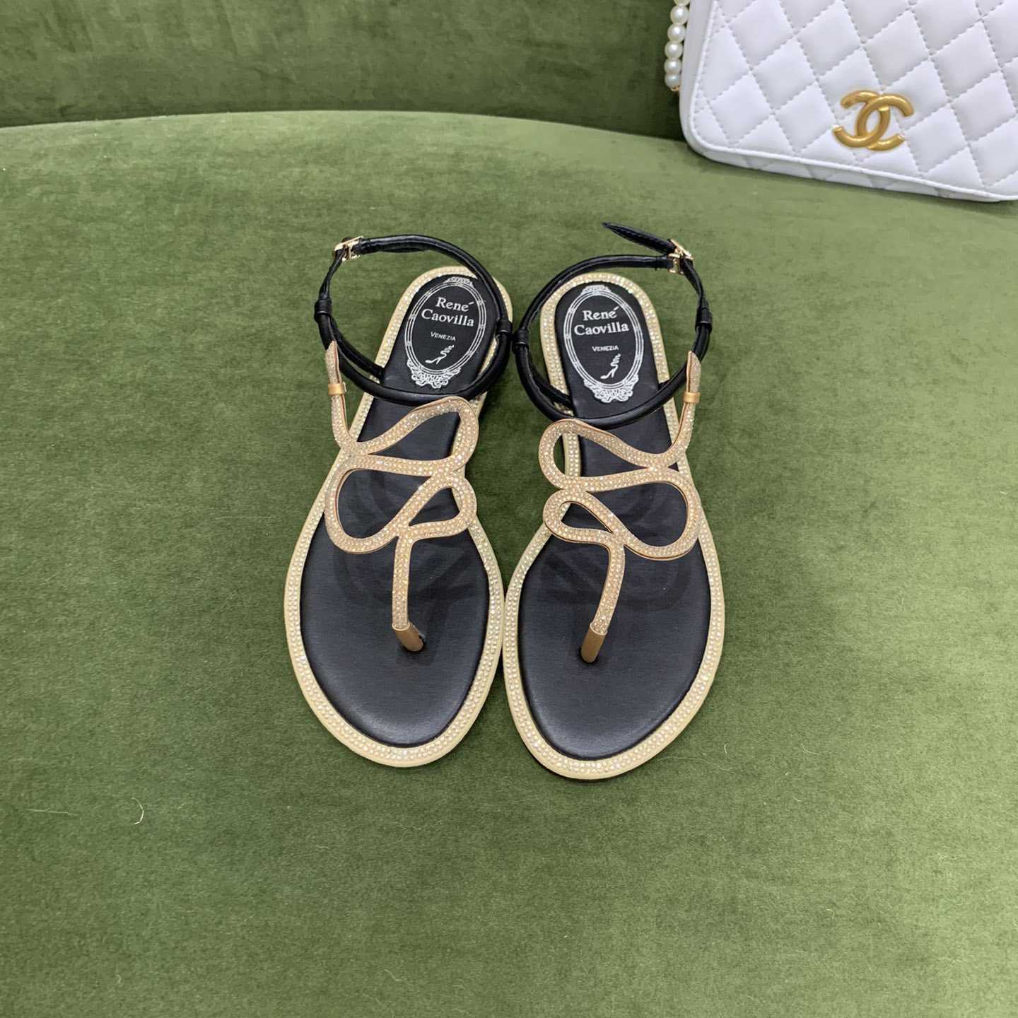 Rene Caovilla Snake Crystal Embellished Flat Sandals - FashionPlug