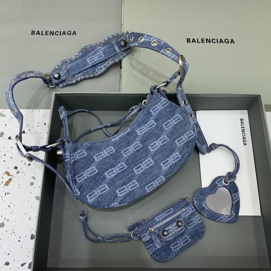 Balenciaga Le Cagole XS Shoulder Bag BB Monogram Bleached Denim In Blue   (26-12-6cm) - FashionPlug