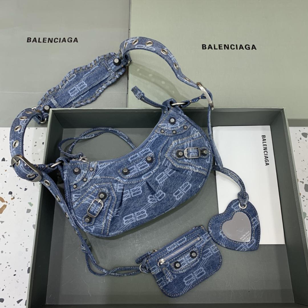 Balenciaga Le Cagole XS Shoulder Bag BB Monogram Bleached Denim In Blue   (26-12-6cm) - FashionPlug