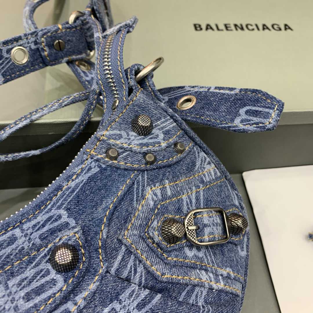 Balenciaga Le Cagole XS Shoulder Bag BB Monogram Bleached Denim In Blue   (26-12-6cm) - FashionPlug