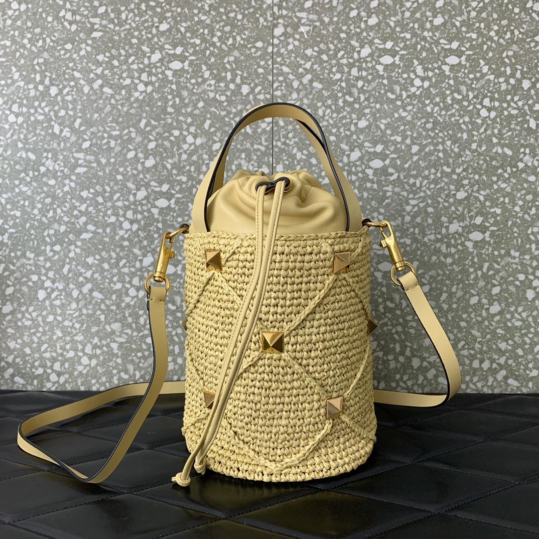 Valenti  Roman Stud Raffia Bucket Bag - FashionPlug