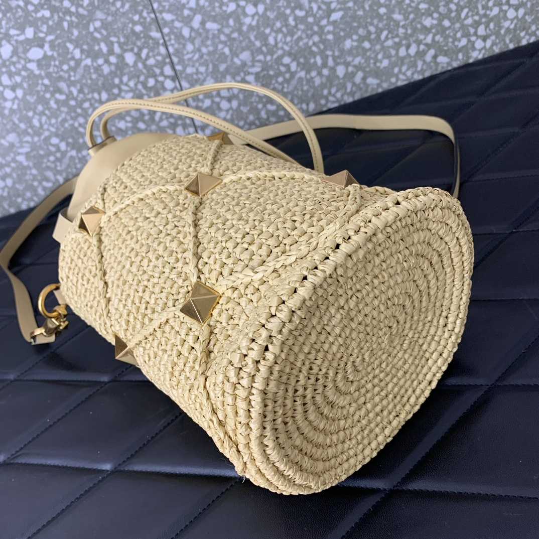 Valenti  Roman Stud Raffia Bucket Bag - FashionPlug