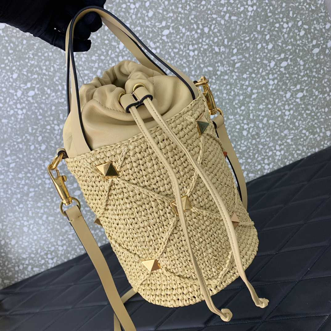 Valenti  Roman Stud Raffia Bucket Bag - FashionPlug