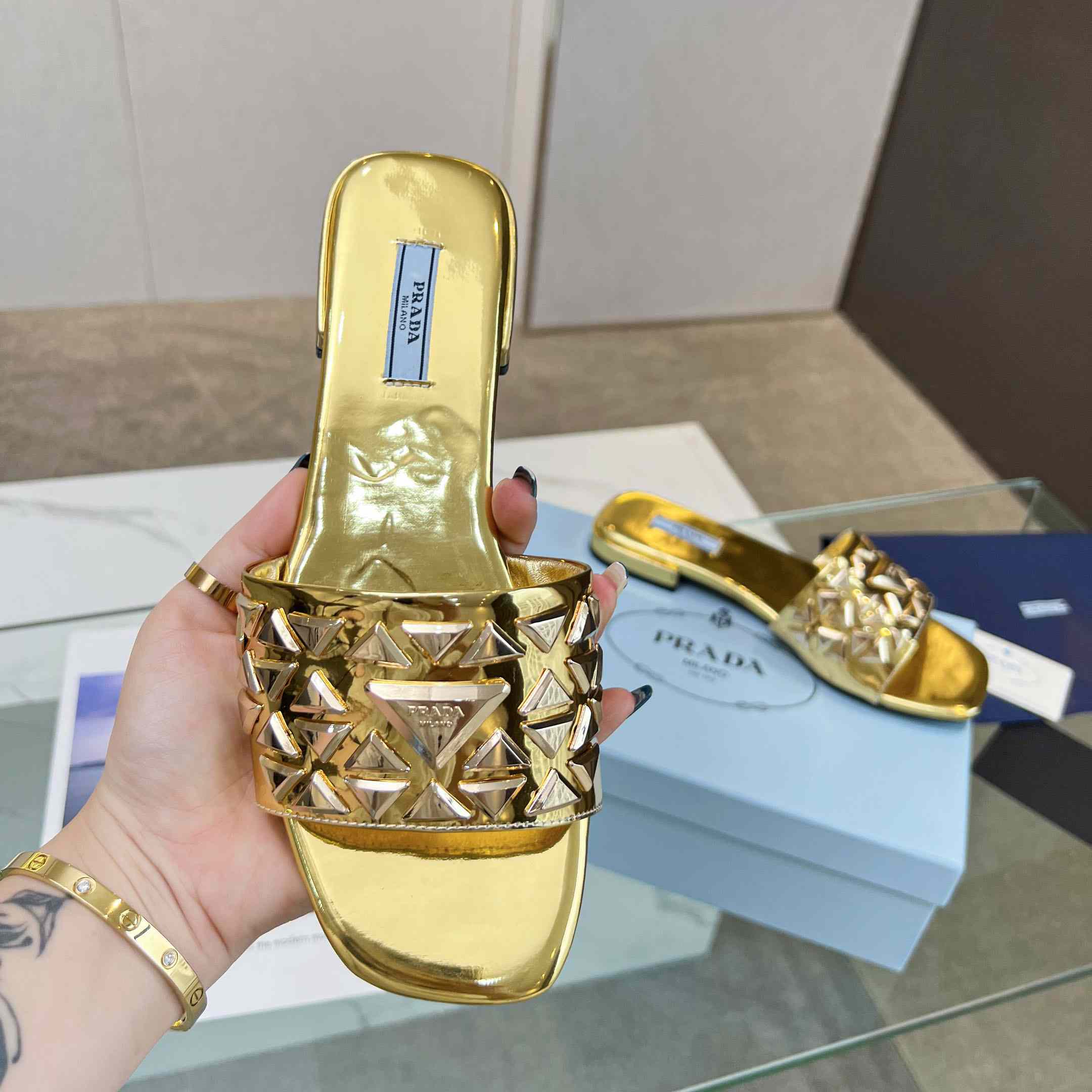 Prada Studded Metallic Leather Slides - FashionPlug