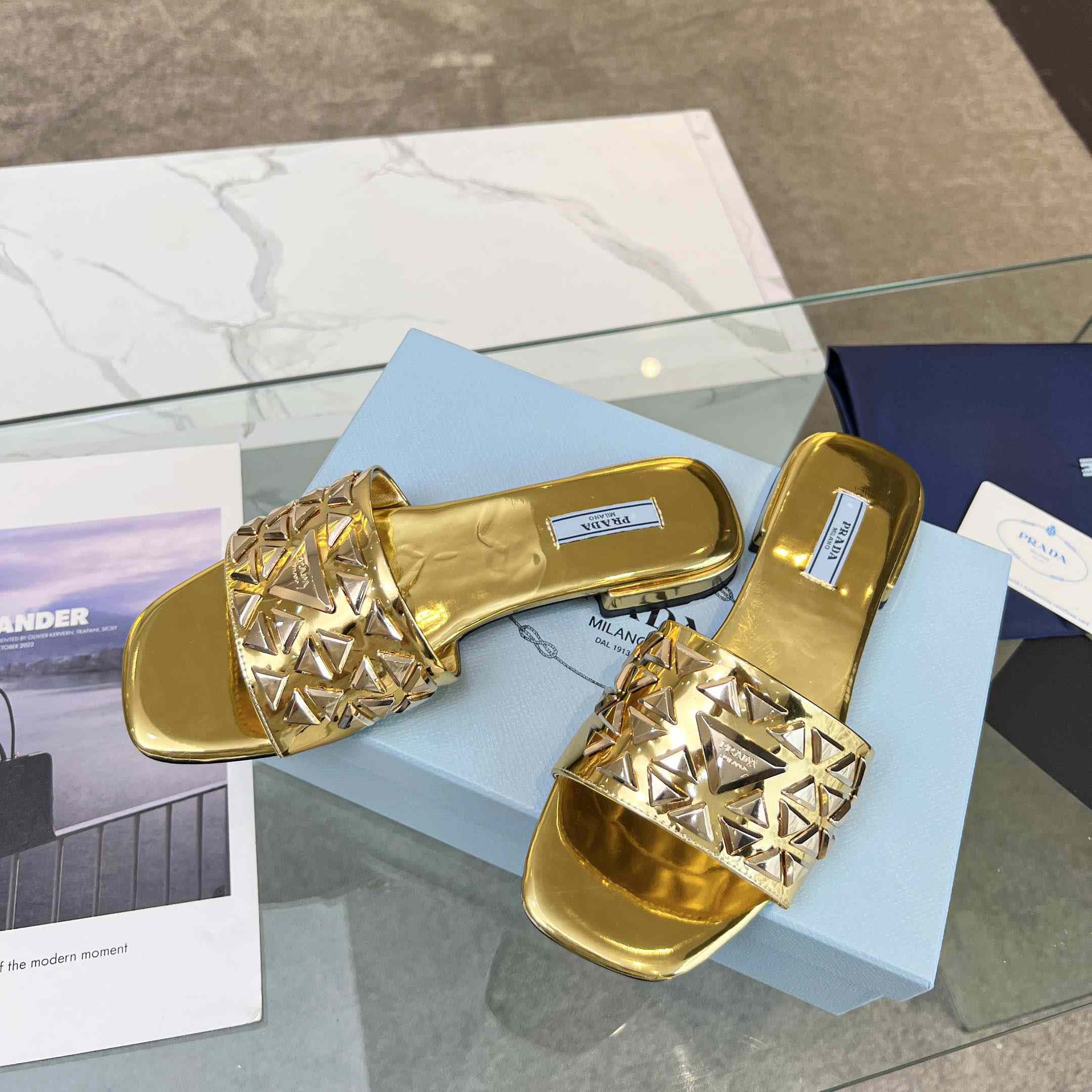 Prada Studded Metallic Leather Slides - FashionPlug