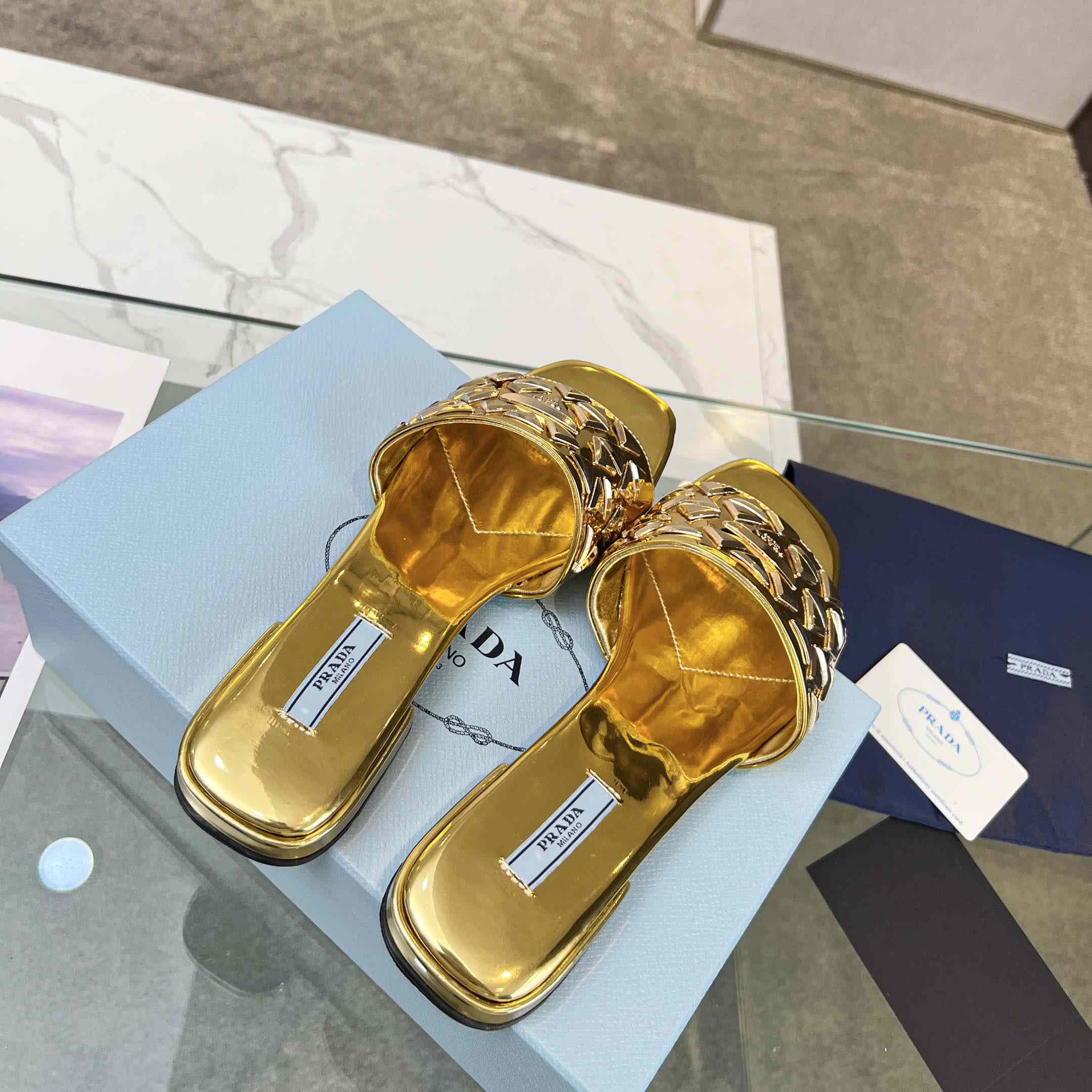 Prada Studded Metallic Leather Slides - FashionPlug
