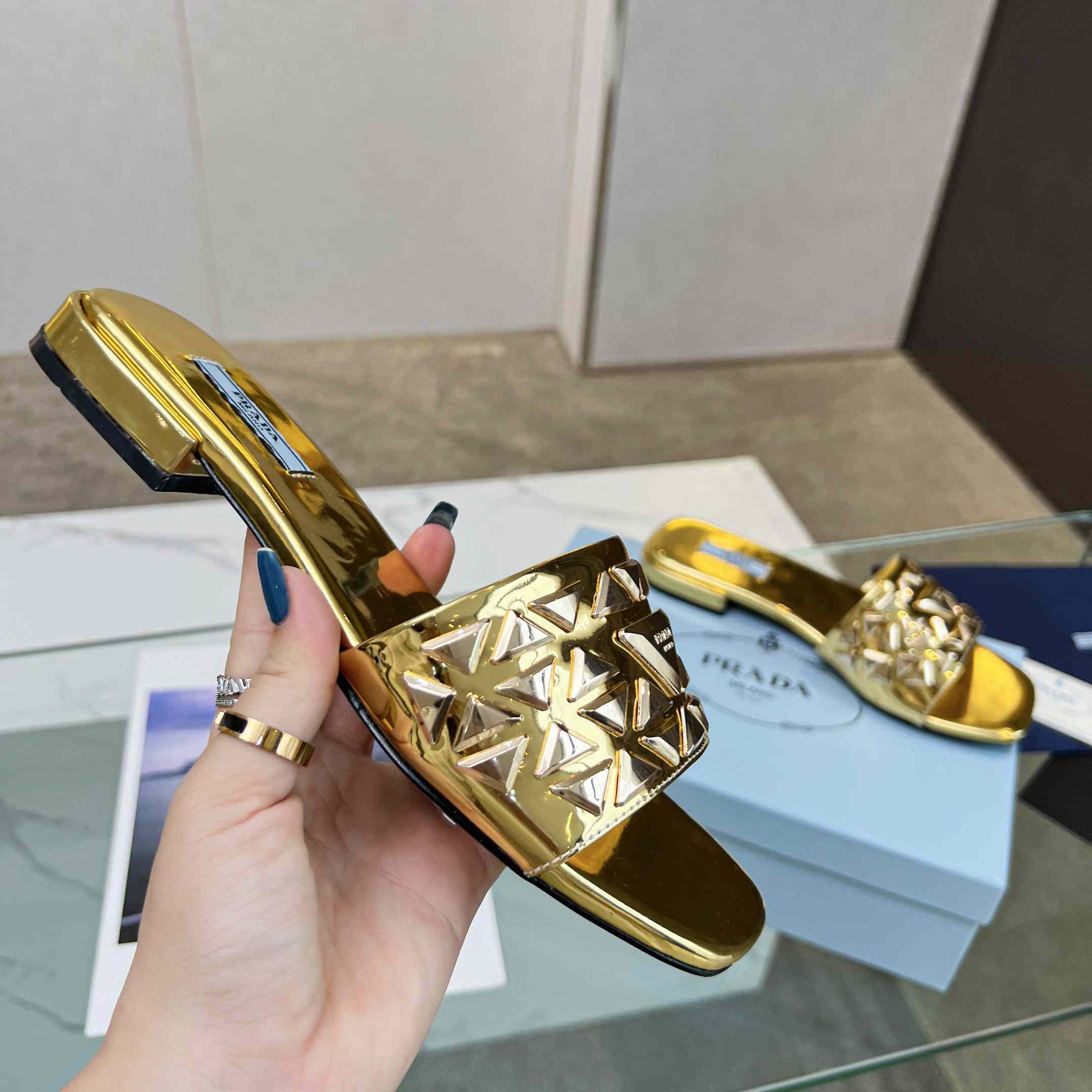 Prada Studded Metallic Leather Slides - FashionPlug