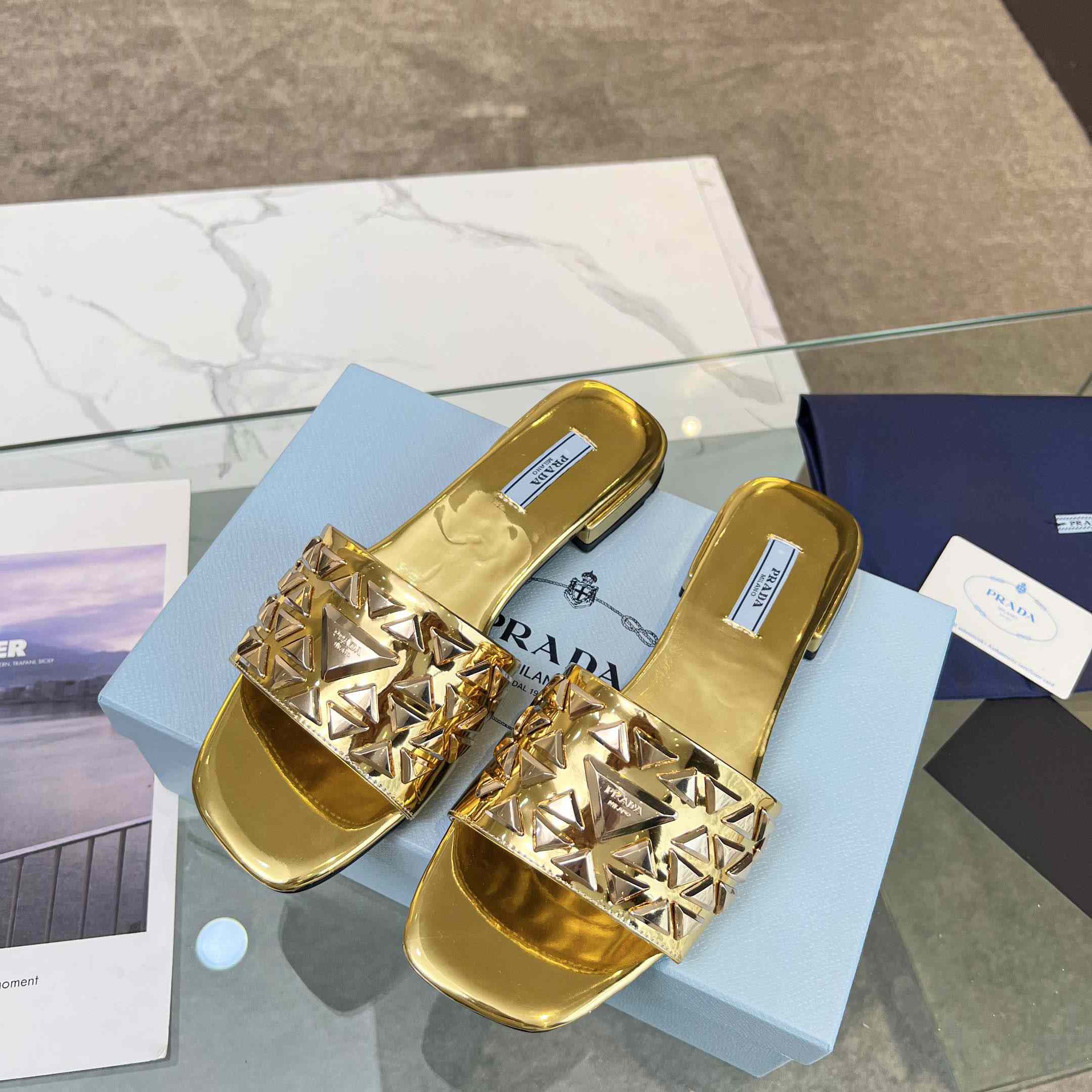 Prada Studded Metallic Leather Slides - FashionPlug