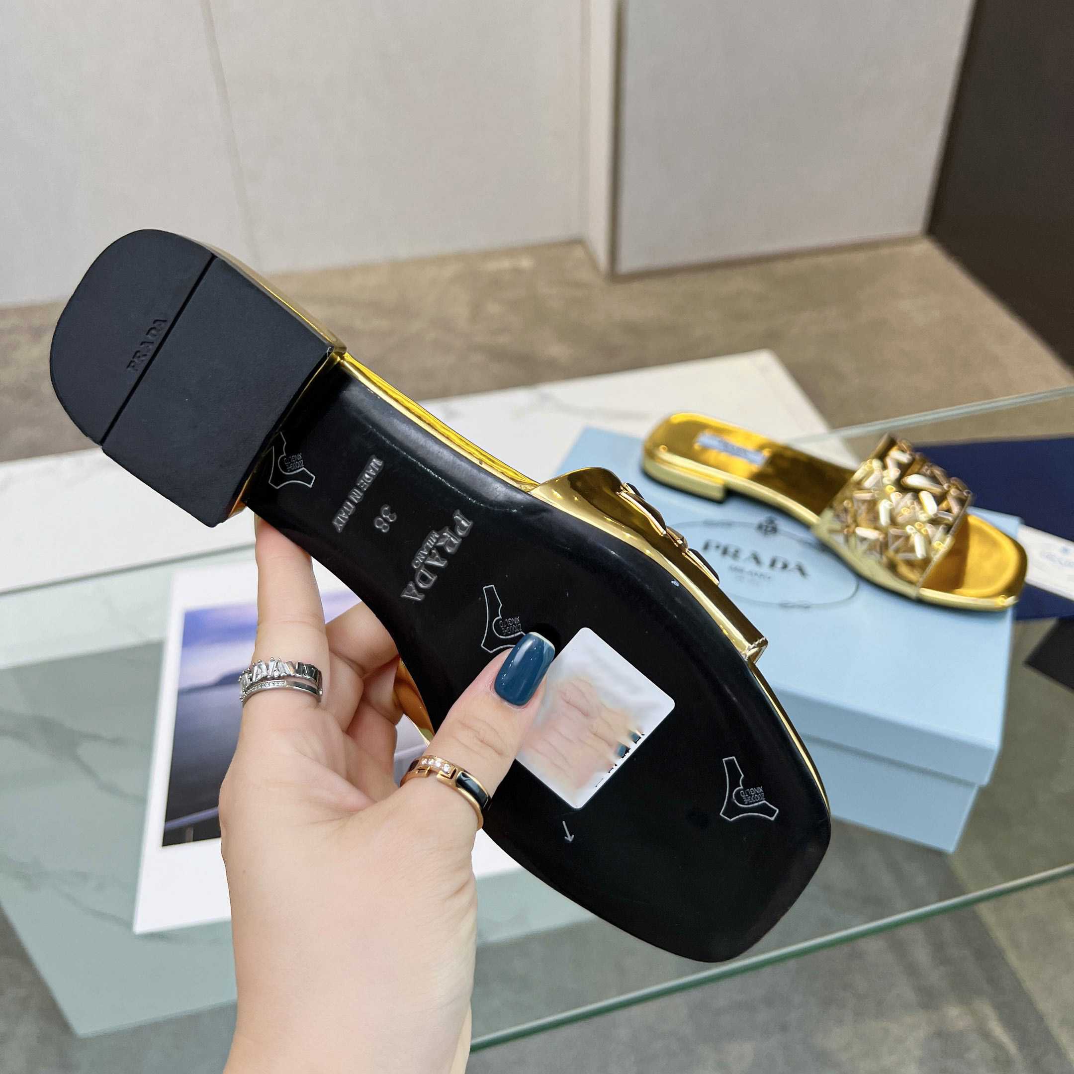 Prada Studded Metallic Leather Slides - FashionPlug