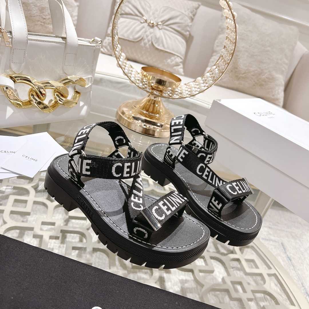 Celine Leo Strappy Sandal In With ''Celine'' Jacquard Black / White - FashionPlug
