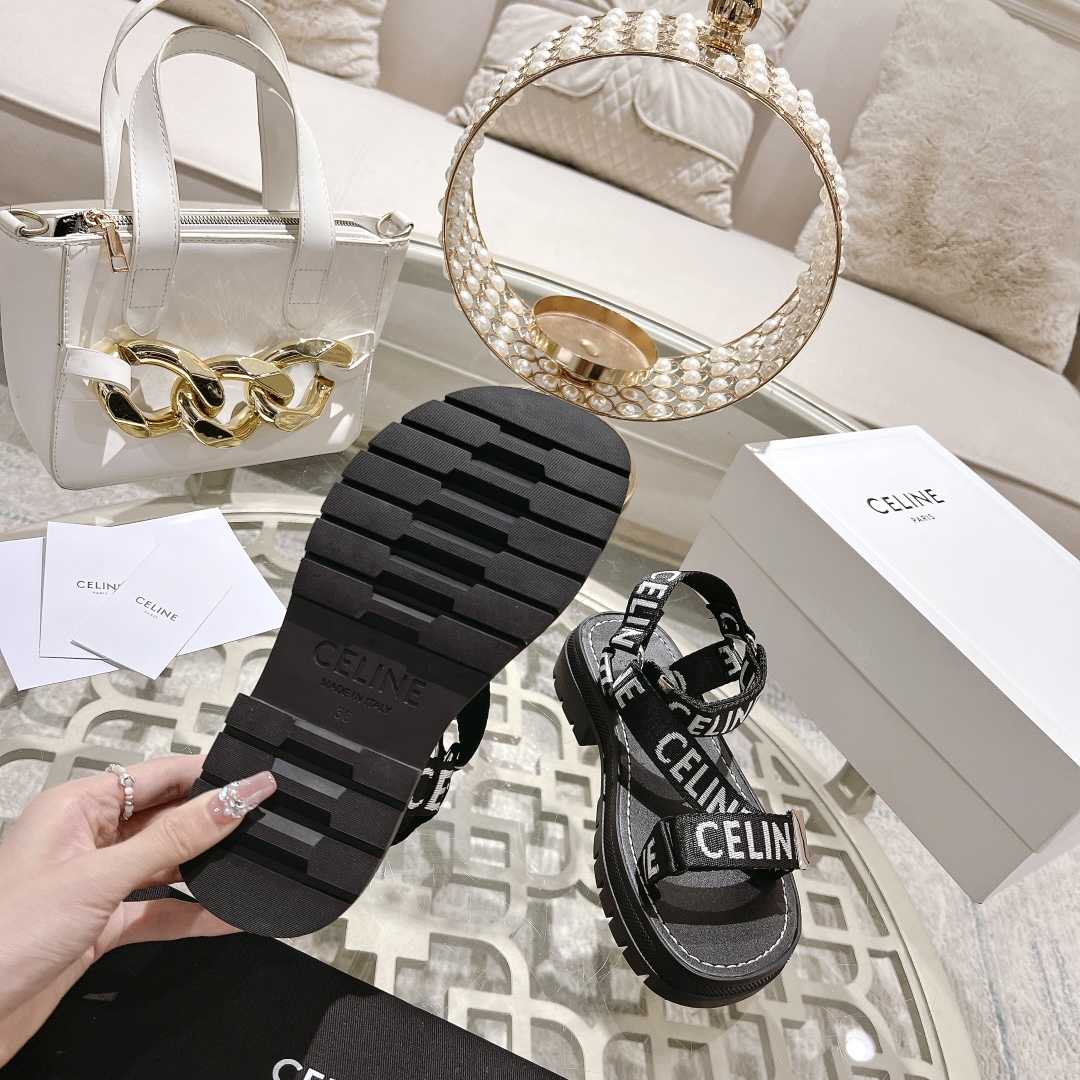 Celine Leo Strappy Sandal In With ''Celine'' Jacquard Black / White - FashionPlug