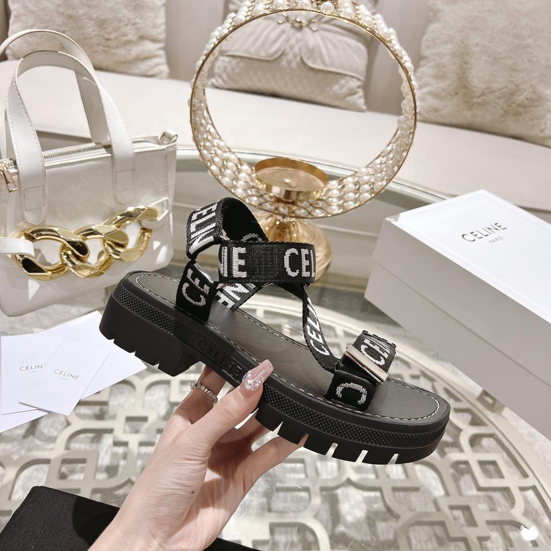 Celine Leo Strappy Sandal In With ''Celine'' Jacquard Black / White - FashionPlug