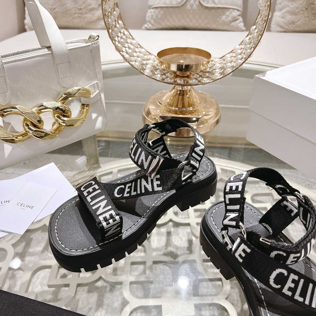 Celine Leo Strappy Sandal In With ''Celine'' Jacquard Black / White - FashionPlug