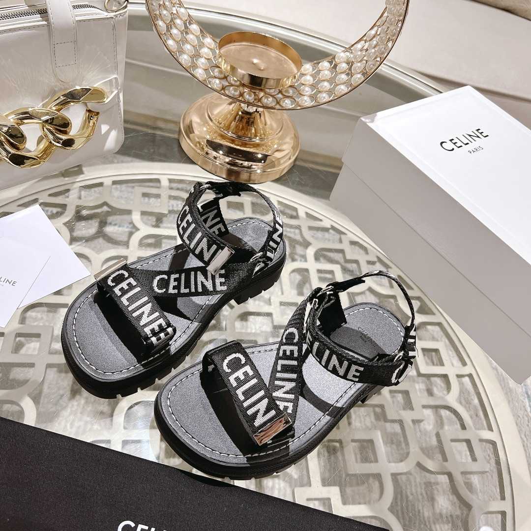Celine Leo Strappy Sandal In With ''Celine'' Jacquard Black / White - FashionPlug