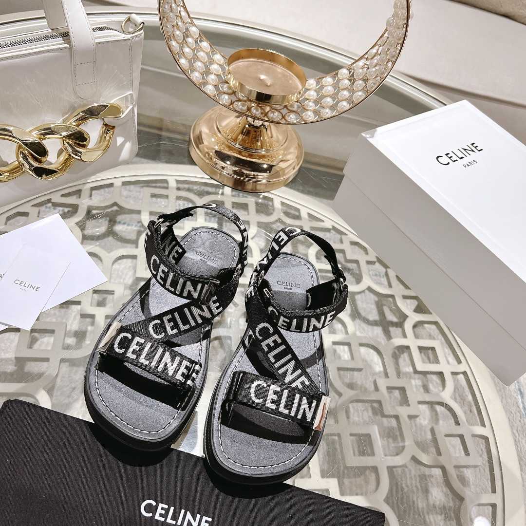 Celine Leo Strappy Sandal In With ''Celine'' Jacquard Black / White - FashionPlug