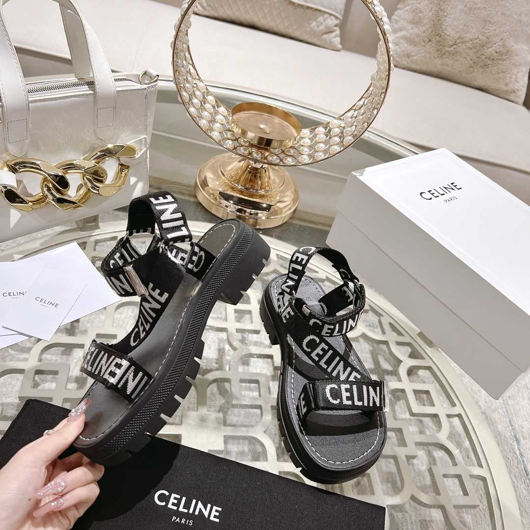 Celine Leo Strappy Sandal In With ''Celine'' Jacquard Black / White - FashionPlug