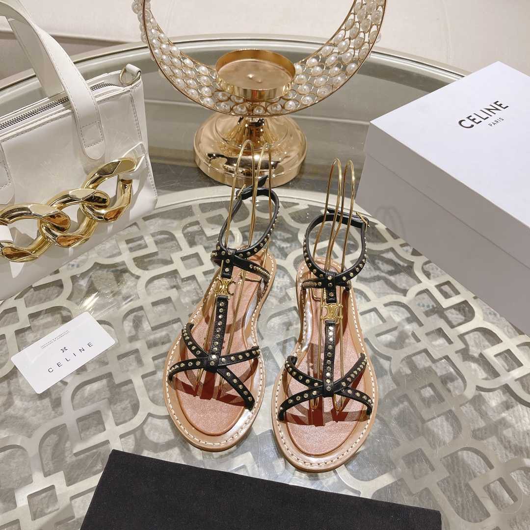 Celine Taillat Flat Sandal With Studs In Calfskin - Vegetal Tanning & Studs Black - FashionPlug