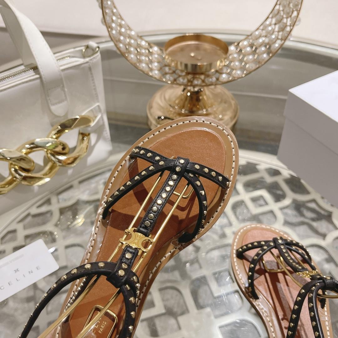 Celine Taillat Flat Sandal With Studs In Calfskin - Vegetal Tanning & Studs Black - FashionPlug