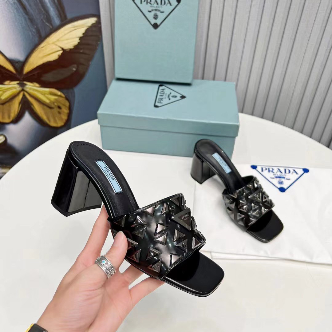 Prada Studded Metallic Leather Mules - FashionPlug