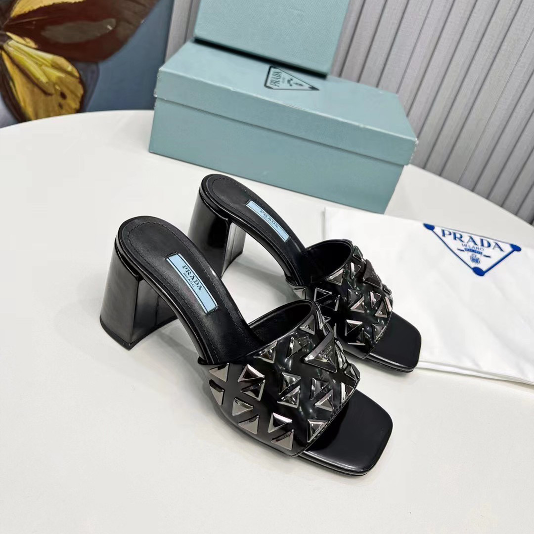 Prada Studded Metallic Leather Mules - FashionPlug