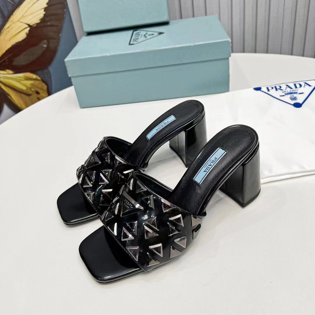 Prada Studded Metallic Leather Mules - FashionPlug