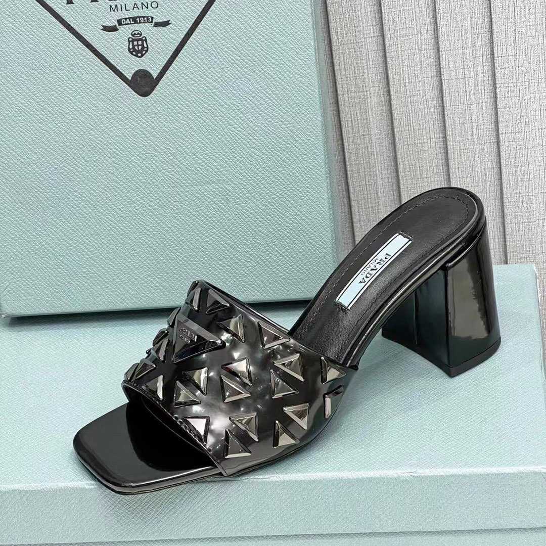 Prada Studded Metallic Leather Mules - FashionPlug