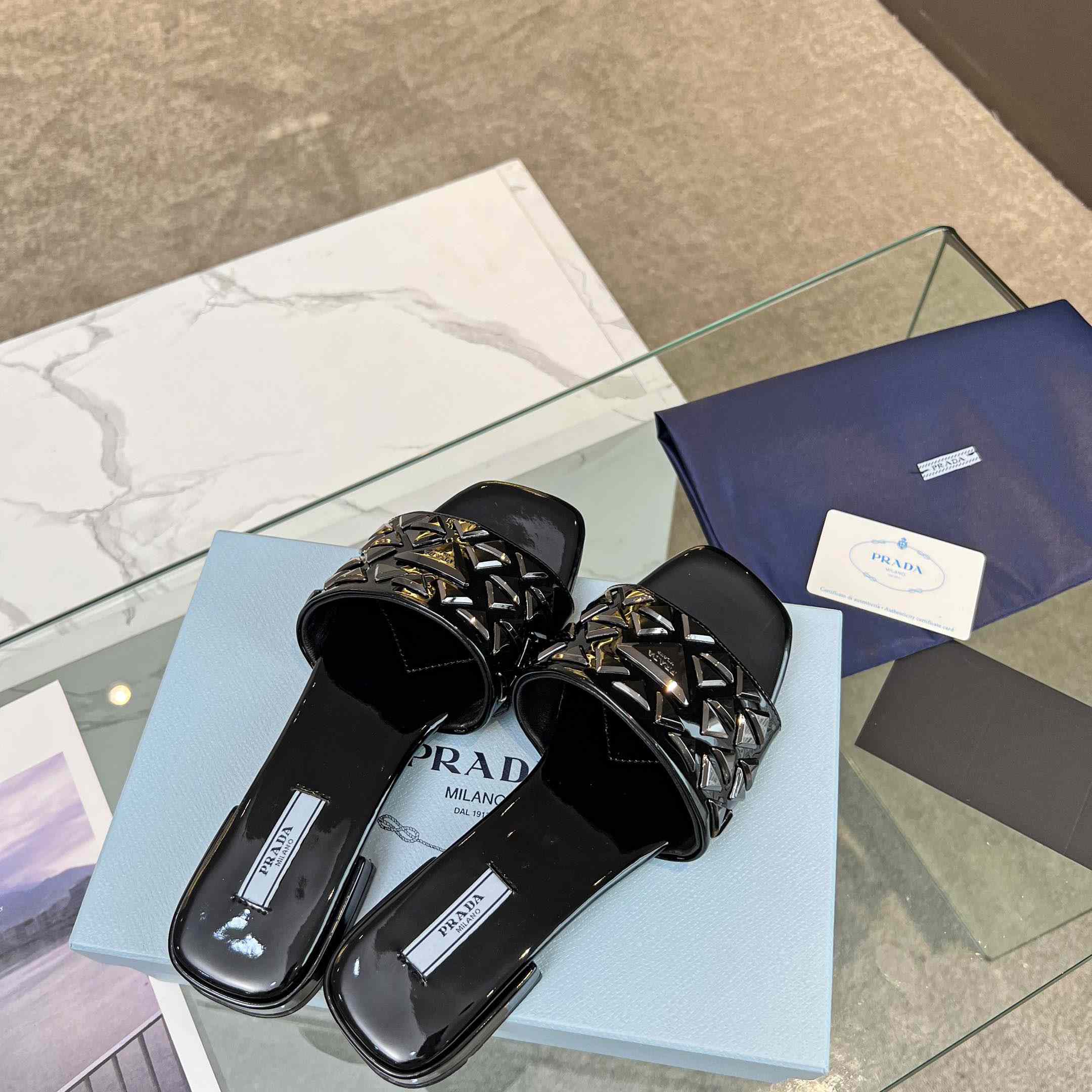 Prada Studded Metallic Leather Slides - FashionPlug