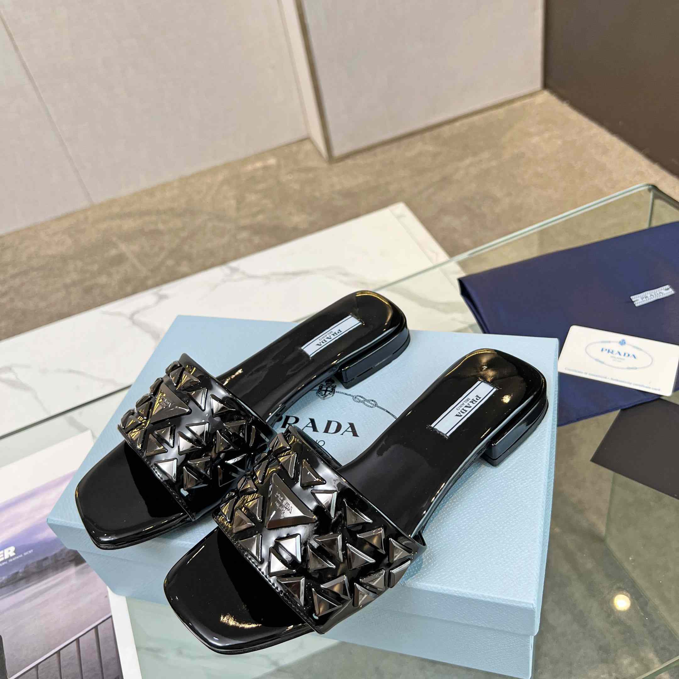 Prada Studded Metallic Leather Slides - FashionPlug