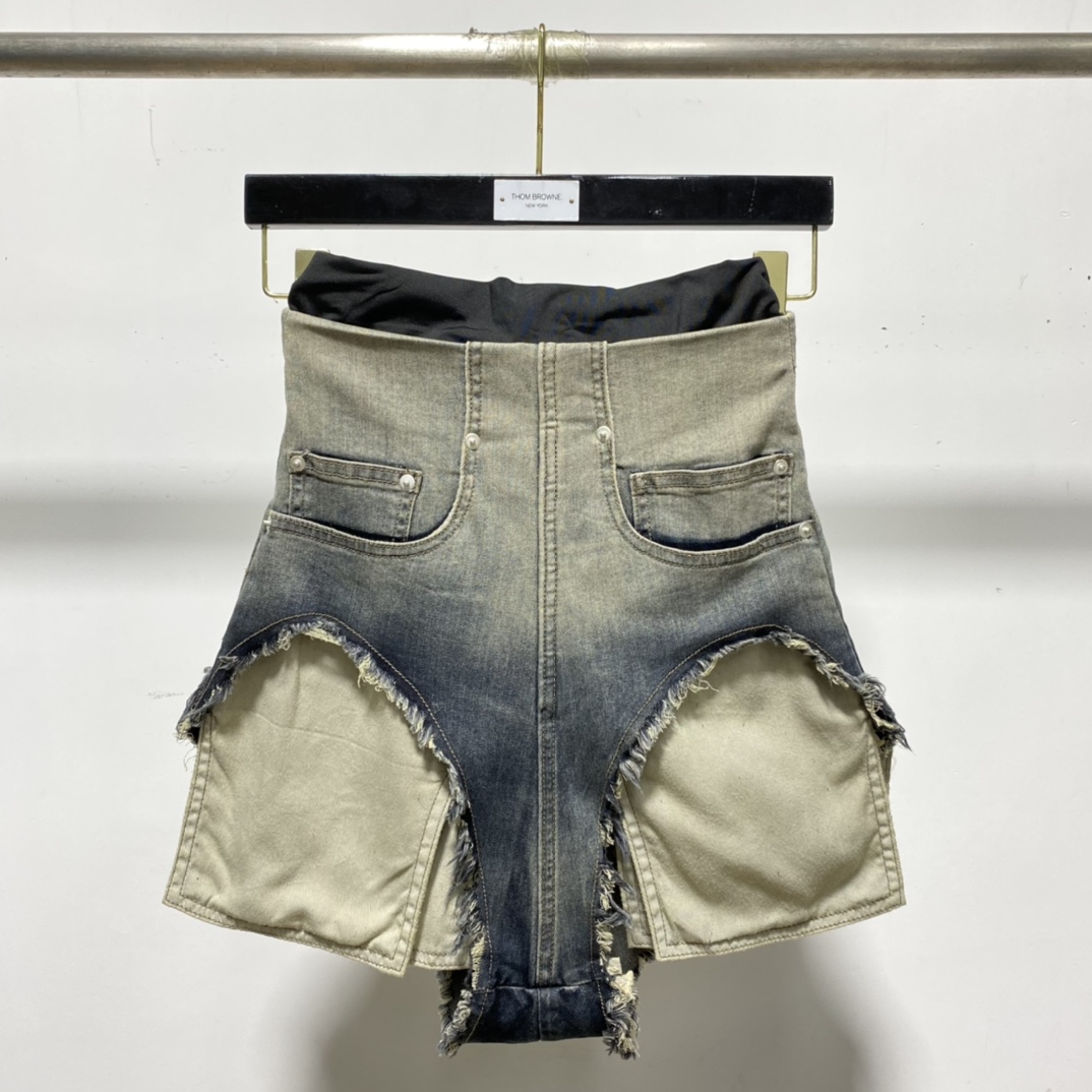 Rick Owens High Cut Denim Shorts - FashionPlug