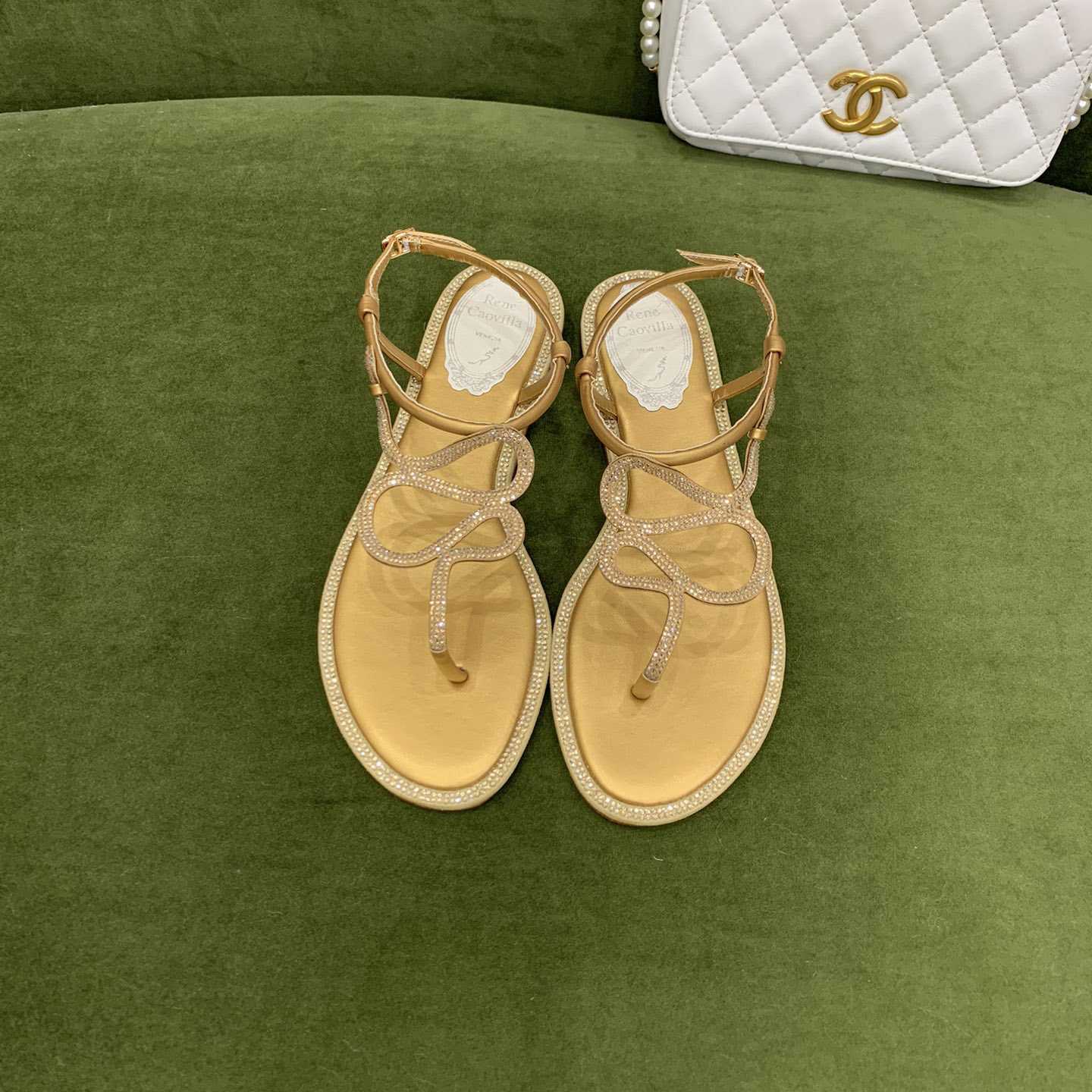 Rene Caovilla Snake Crystal Embellished Flat Sandals - FashionPlug