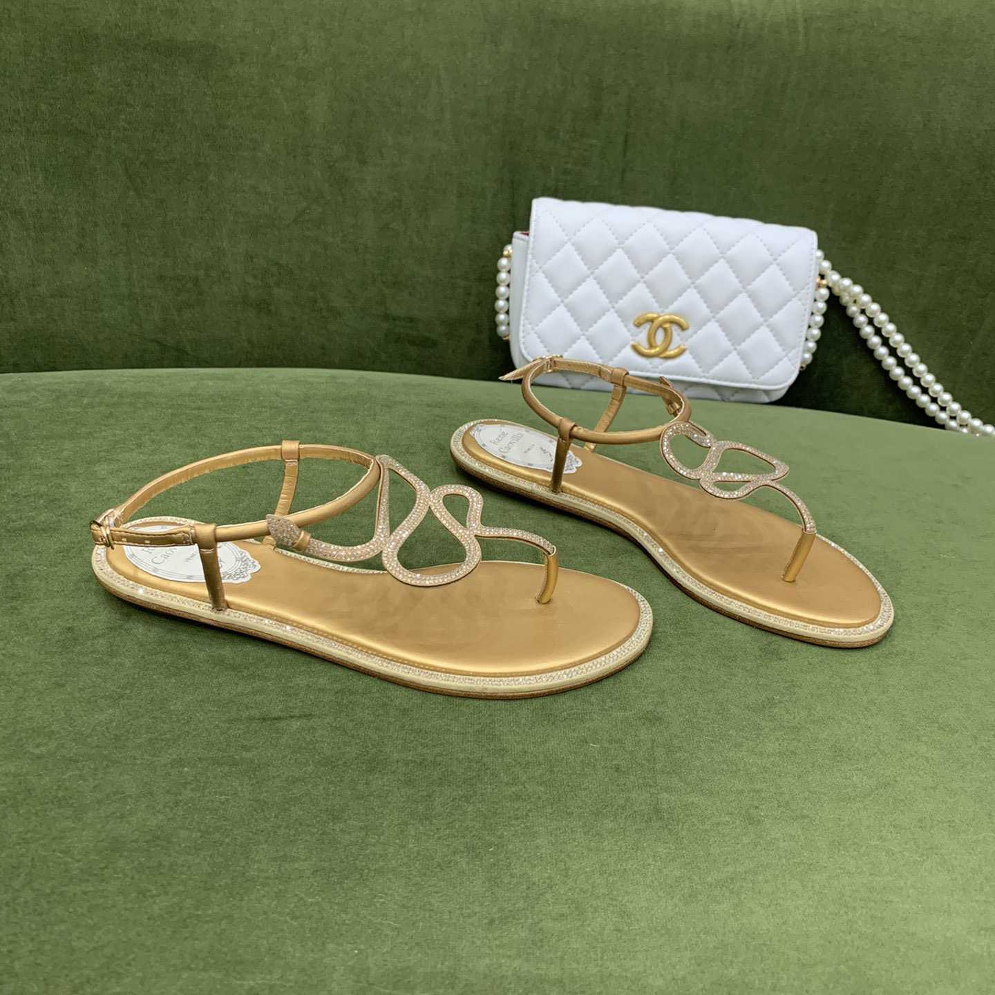 Rene Caovilla Snake Crystal Embellished Flat Sandals - FashionPlug