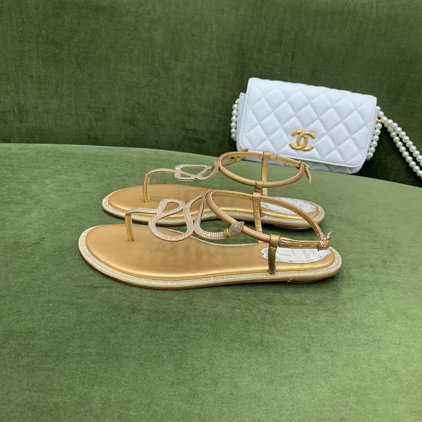 Rene Caovilla Snake Crystal Embellished Flat Sandals - FashionPlug