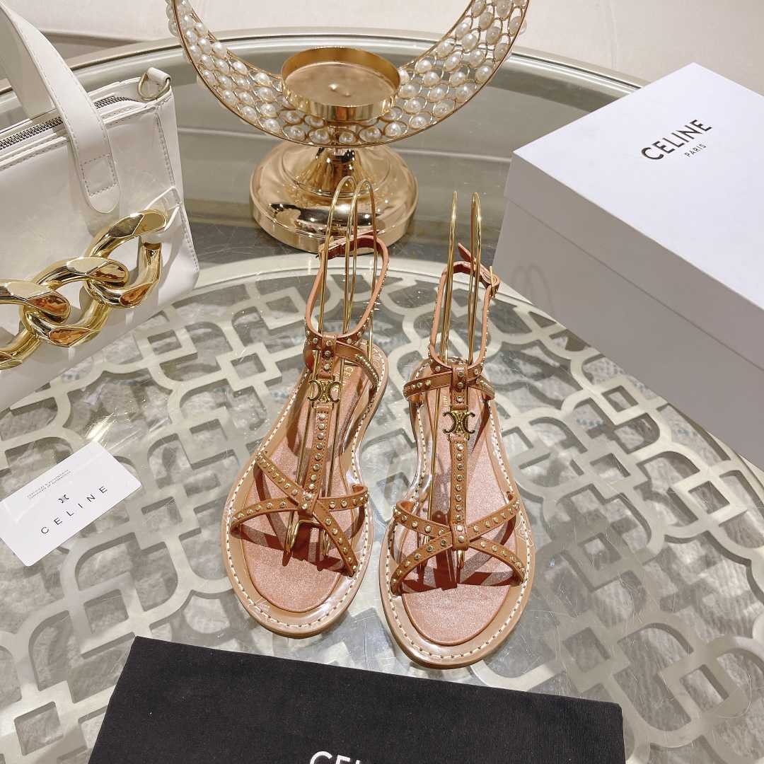 Celine Taillat Flat Sandal With Studs In Calfskin - Vegetal Tanning & Studs Tan - FashionPlug