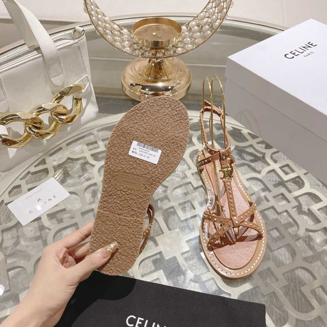 Celine Taillat Flat Sandal With Studs In Calfskin - Vegetal Tanning & Studs Tan - FashionPlug
