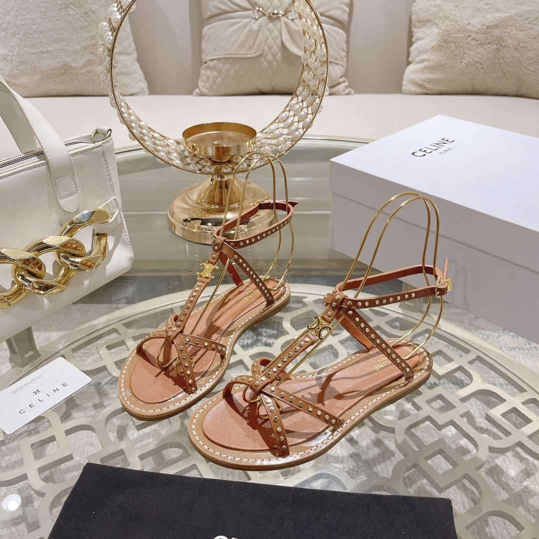 Celine Taillat Flat Sandal With Studs In Calfskin - Vegetal Tanning & Studs Tan - FashionPlug