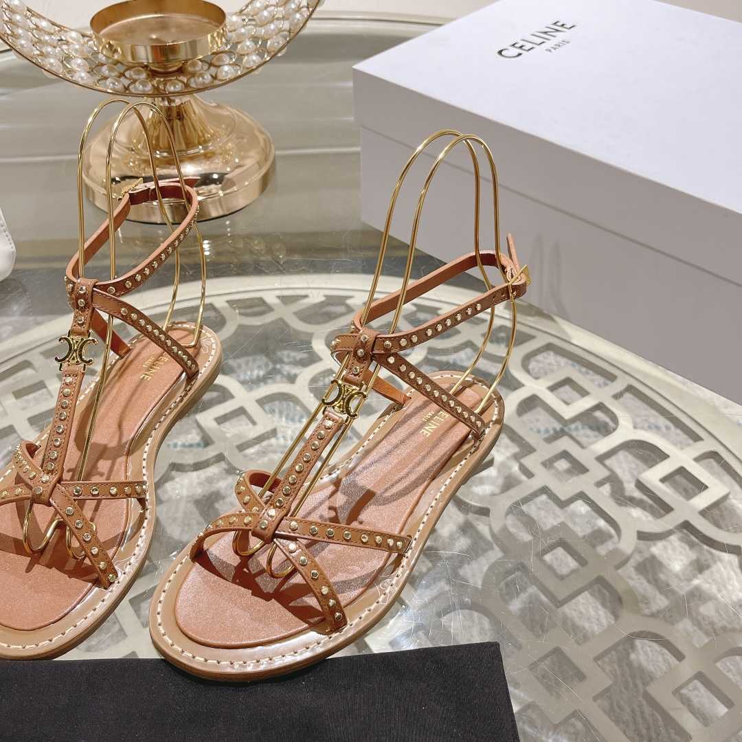 Celine Taillat Flat Sandal With Studs In Calfskin - Vegetal Tanning & Studs Tan - FashionPlug