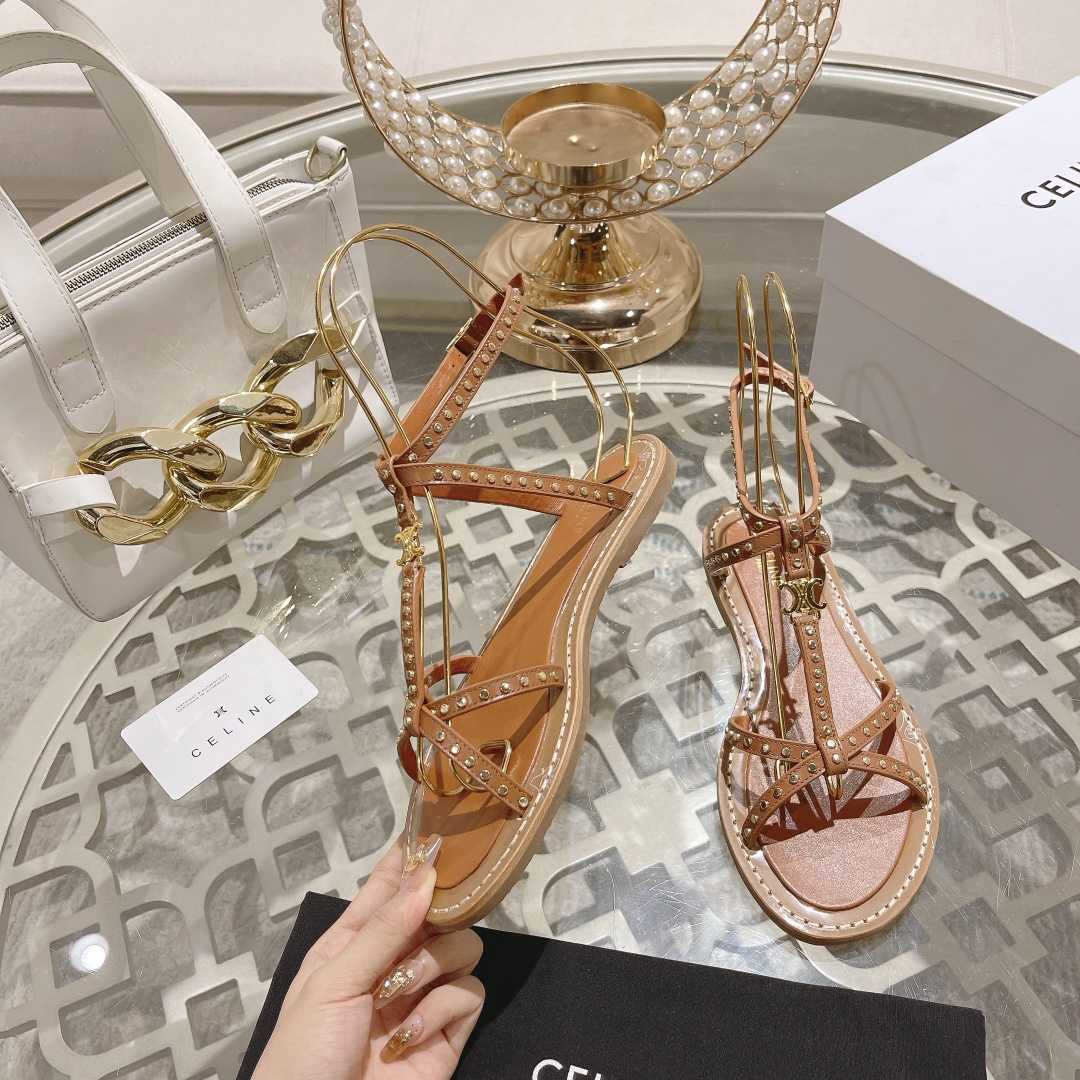 Celine Taillat Flat Sandal With Studs In Calfskin - Vegetal Tanning & Studs Tan - FashionPlug