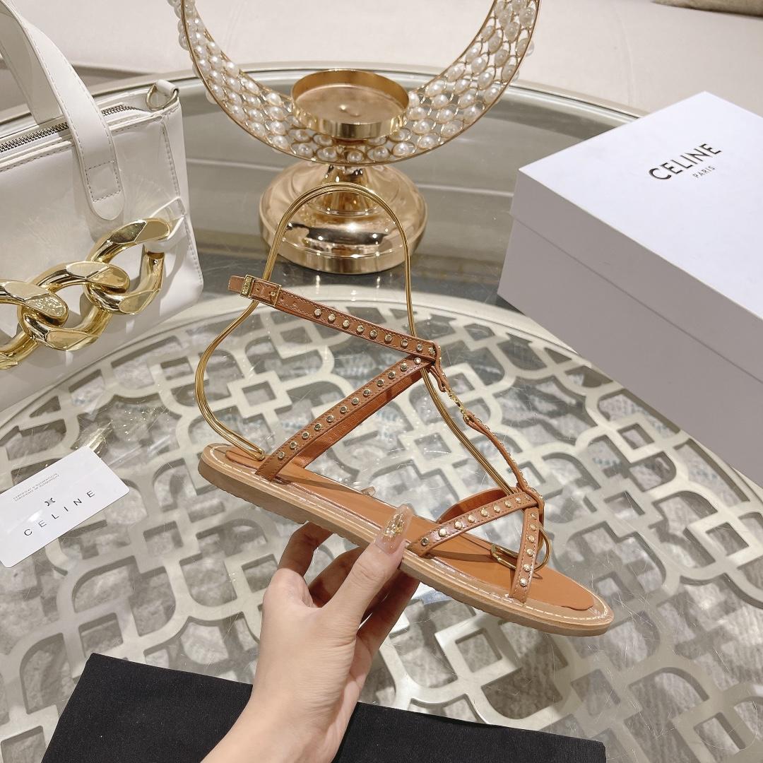Celine Taillat Flat Sandal With Studs In Calfskin - Vegetal Tanning & Studs Tan - FashionPlug